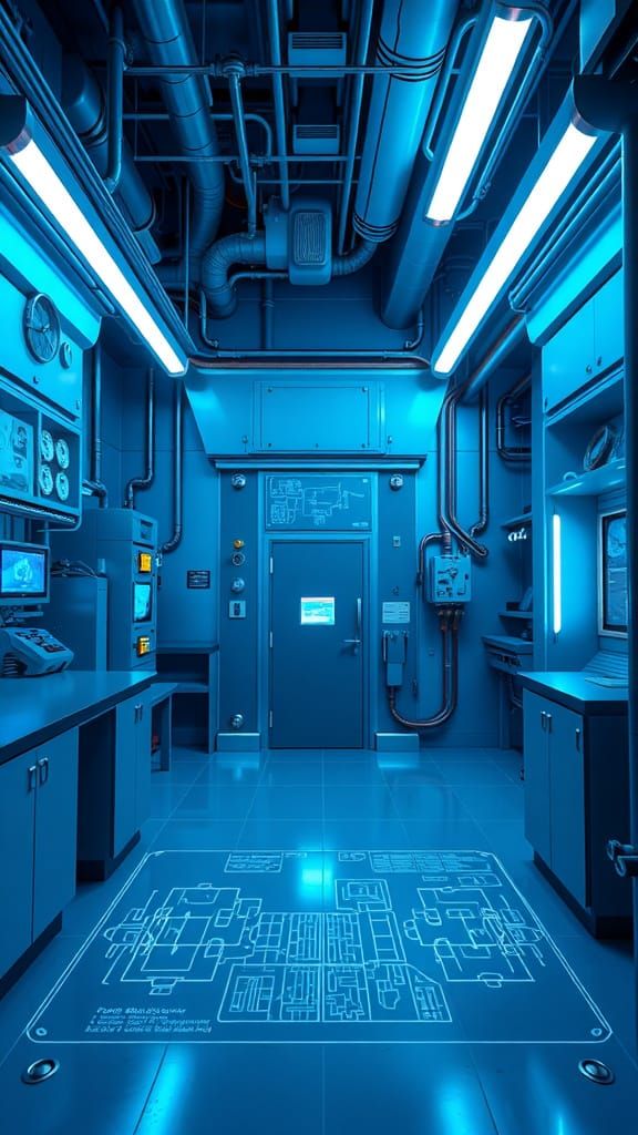 Cyberpunk Laboratory Scene in Metallic Blues