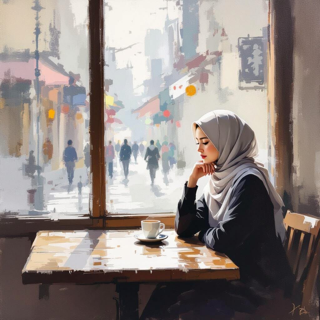 Serene Hijabi Woman in Minimalist Cafe Oil Painting