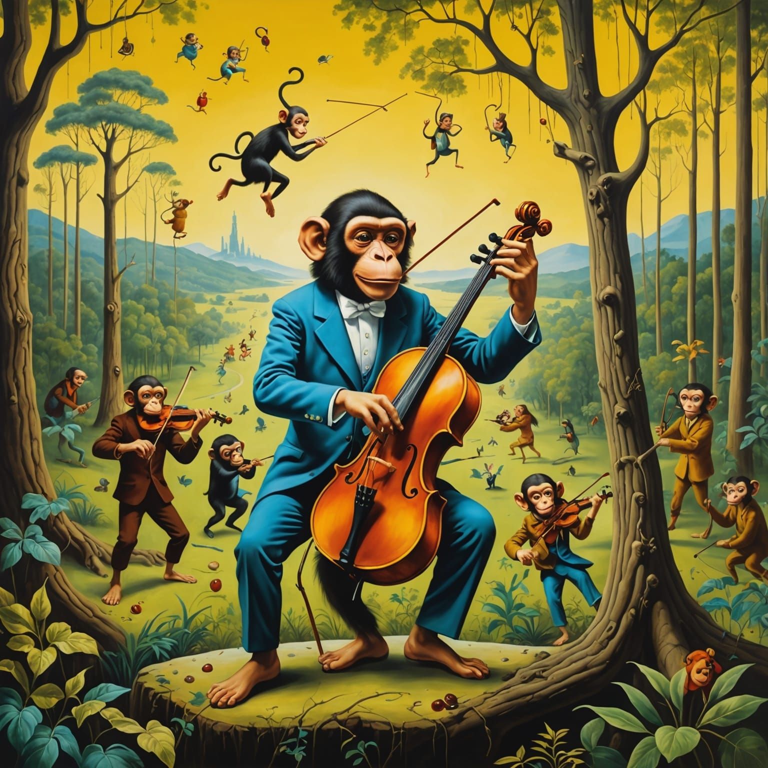 Surreal Forest Scene with Violinist Monkey