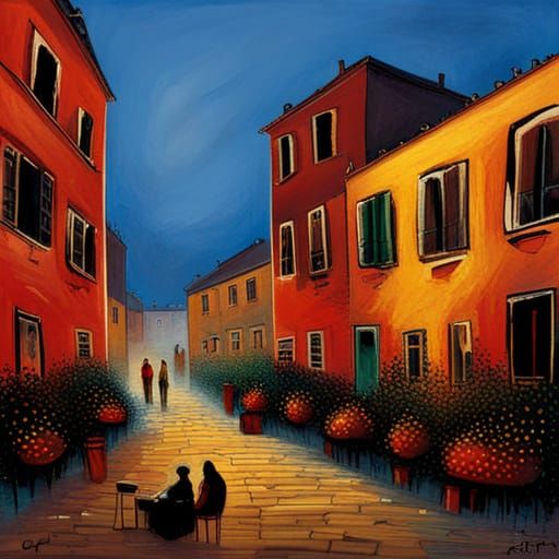 Russian Courtyard Scene in Golden Hour Light