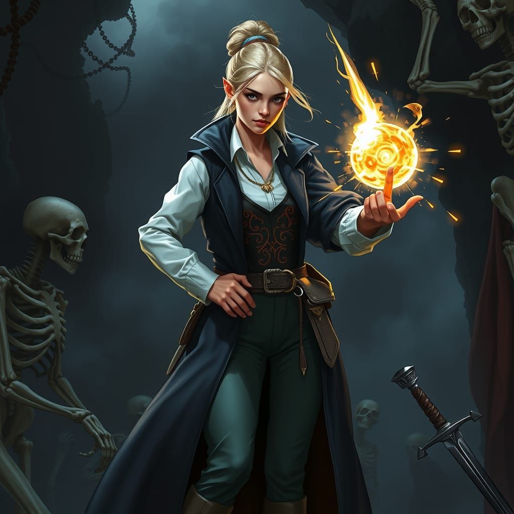 Half-Elf Warlock Casts Eldritch Blast in Crypt