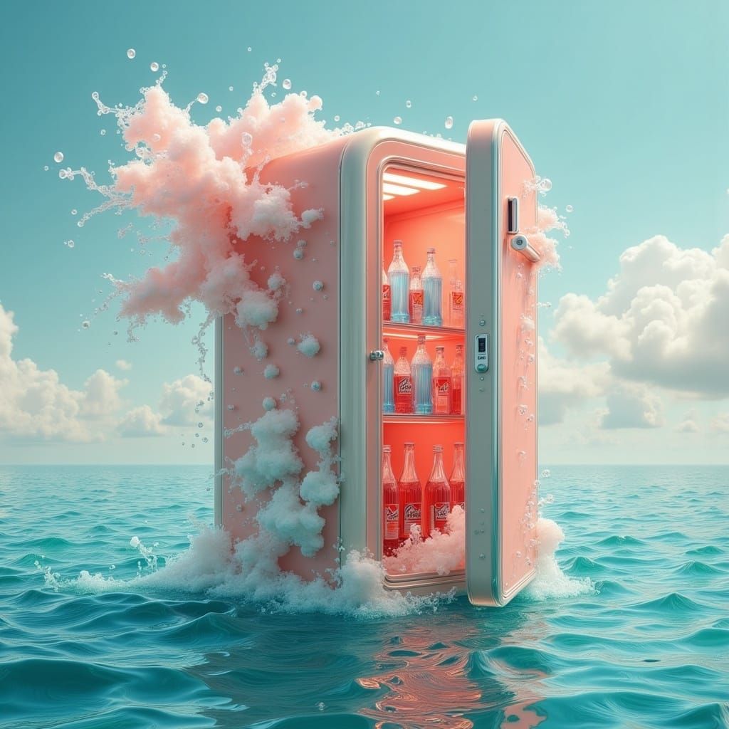 Vintage Refrigerator Adrift in Surreal Oceanic Scene