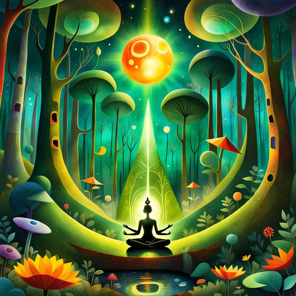 Enchanted Forest Dreamscape: A Cosmic Mixed Media Illustrati...