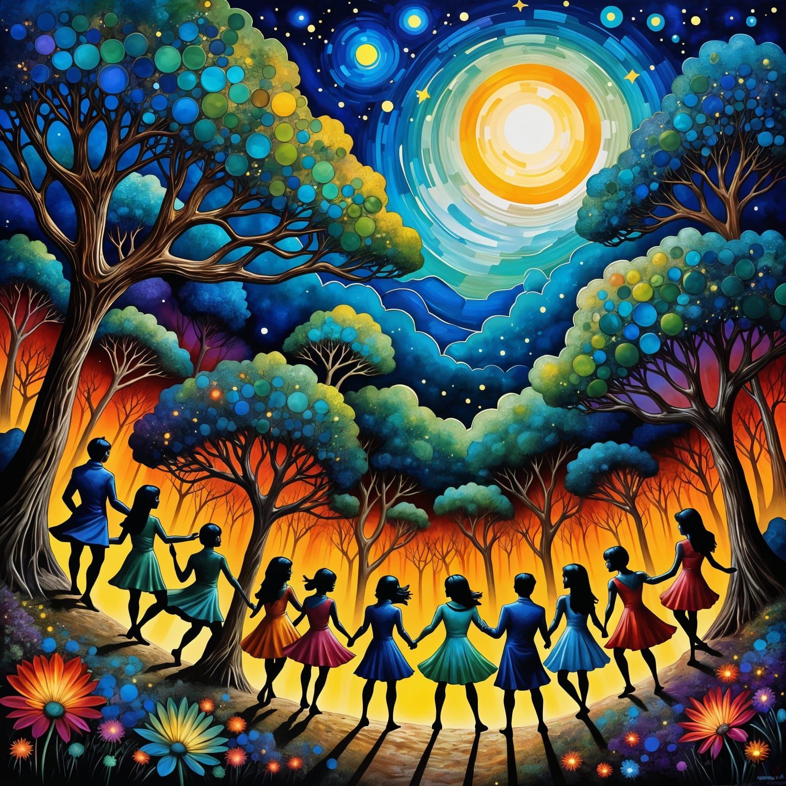 Whimsical Moonlit Dance in Art Nouveau Style