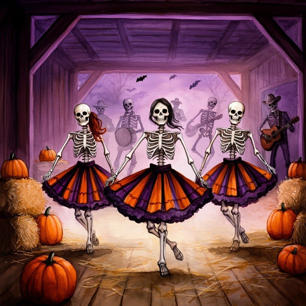 "These skeletons sure know how to raise the barn... and their bones! Yee-haw and rattle on!"