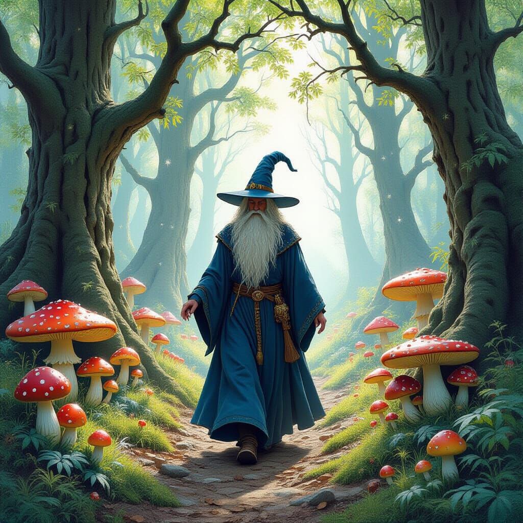 Wise Wizard in Enchanted Wood with Glistening Toadstools