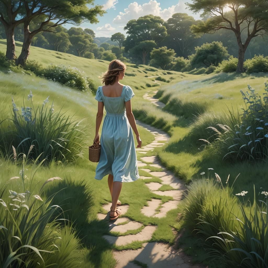 Woman in Sundress on Winding Path: Fantasy Concept Art