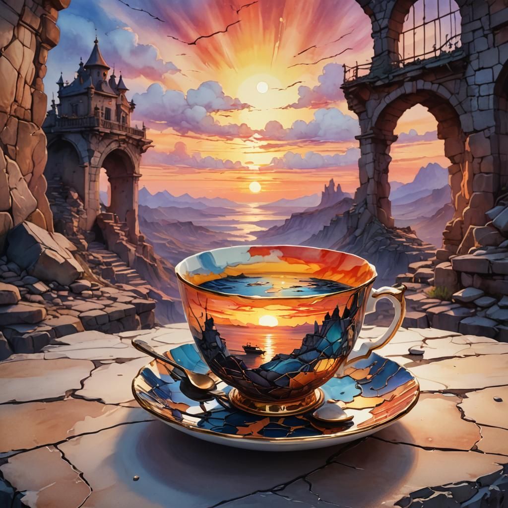 Sunset Teacup: A Watercolor Fantasy in Vintage Style