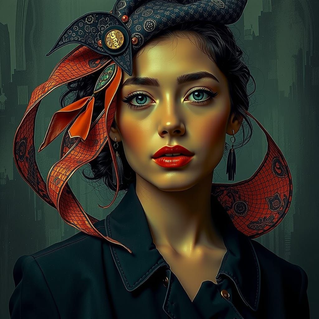 Black and White Portrait of Woman with Crimson Streak