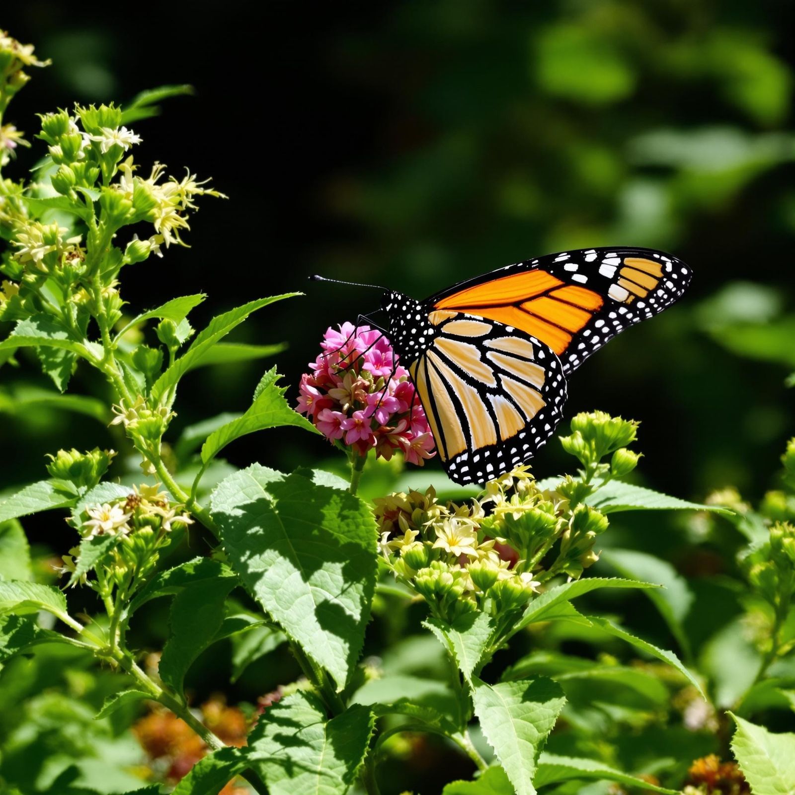 Monarch Butterfly on Milkweed Bush Flowers
