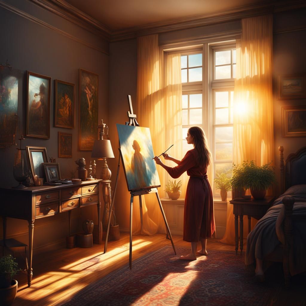 Woman Painting Room in Digital Matte Painting Style