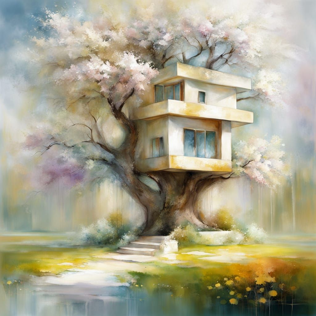 Whimsical Tree House Scene in a Dreamy, Impasto Aesthetic