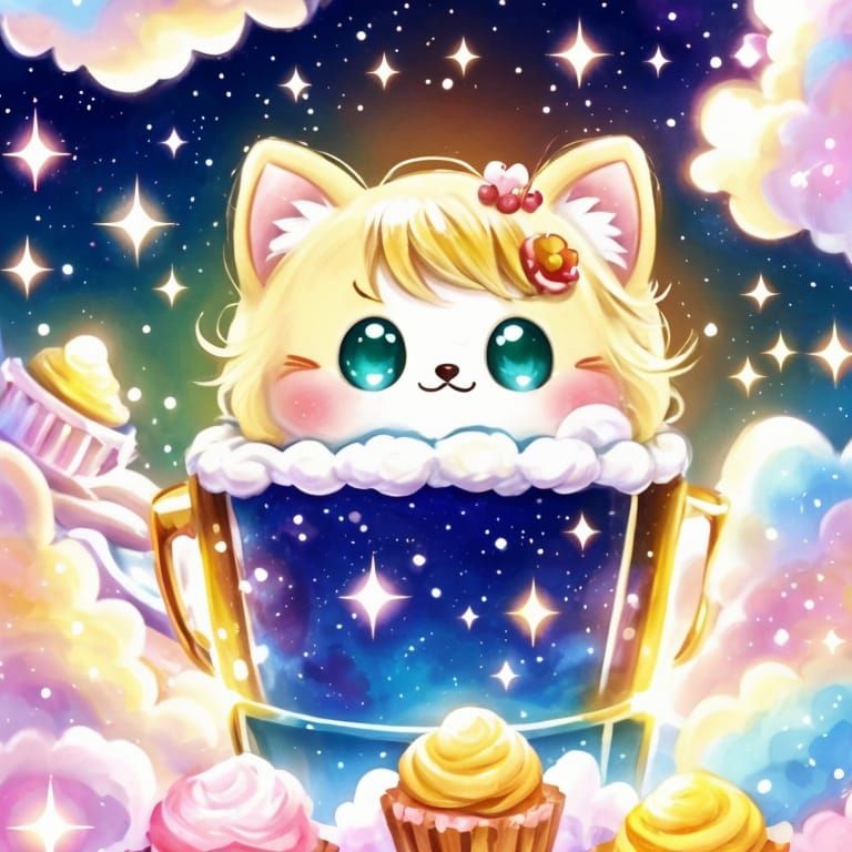 Kawaii Cupcake on Cloud in Pastel Watercolor