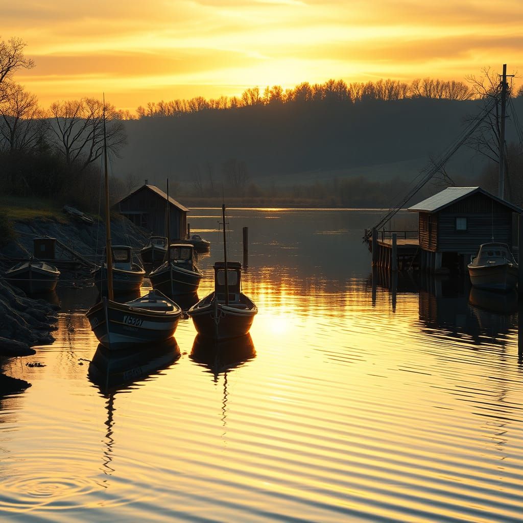 Golden Hour Riverside Scene With Fishing Cabin and Boats