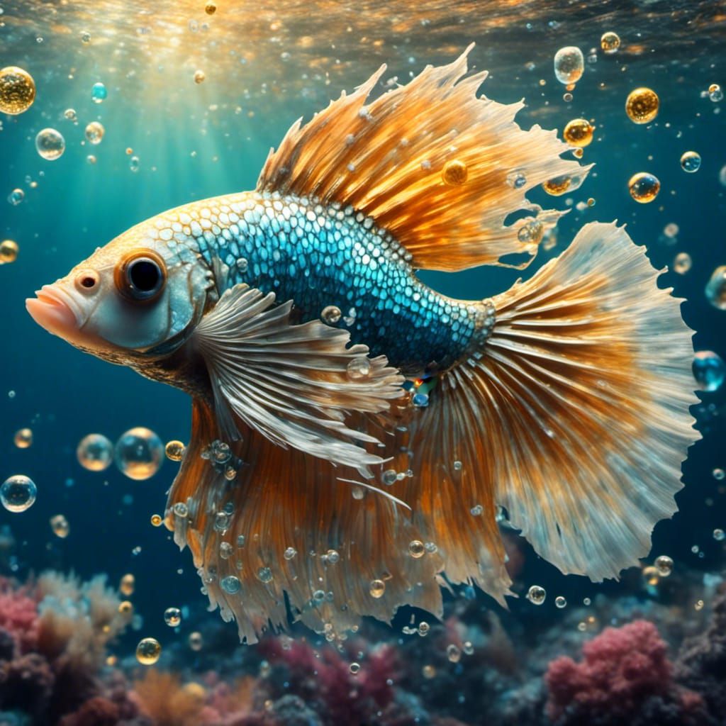 Golden Crown Betta Fish in Coral Reef Sunrise