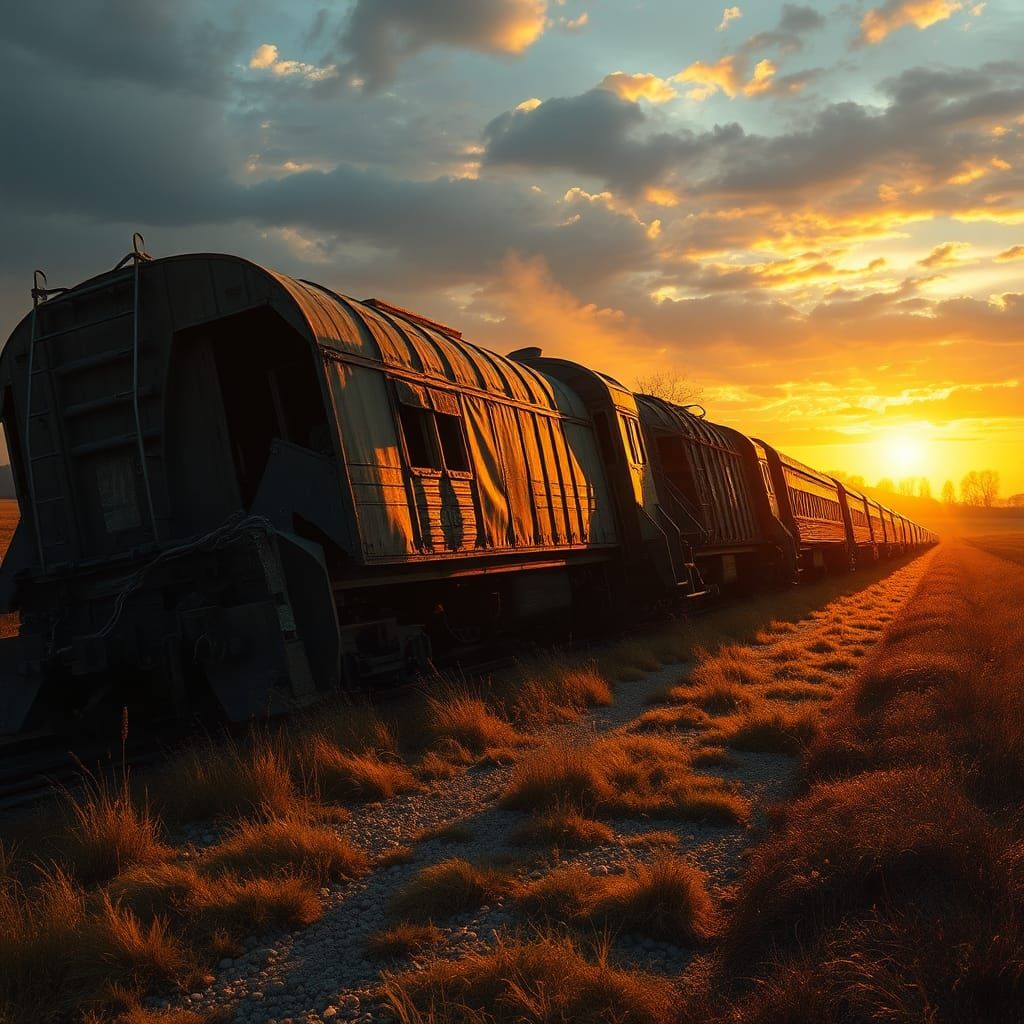 Freight Train Derailment in Romantic Realism Style