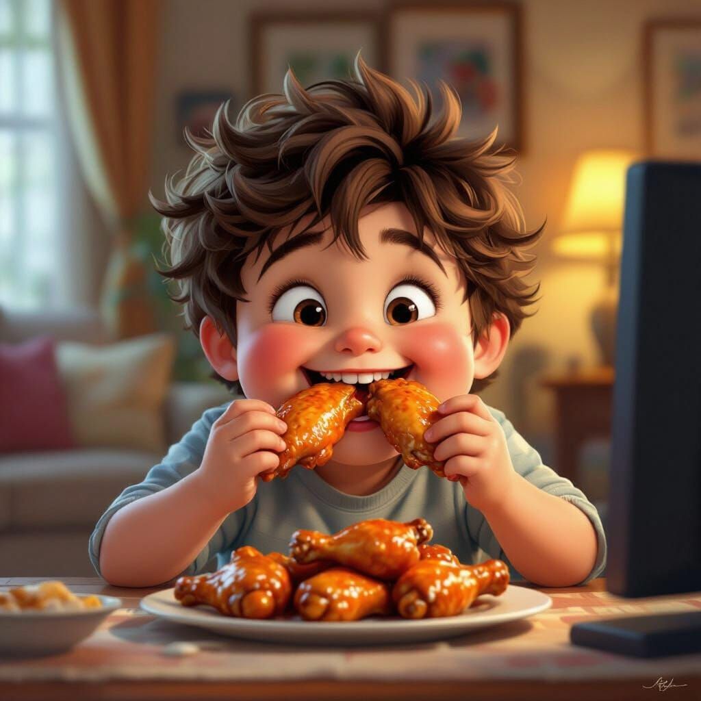 Joyful Boy Eating Chicken Wings While Watching TV