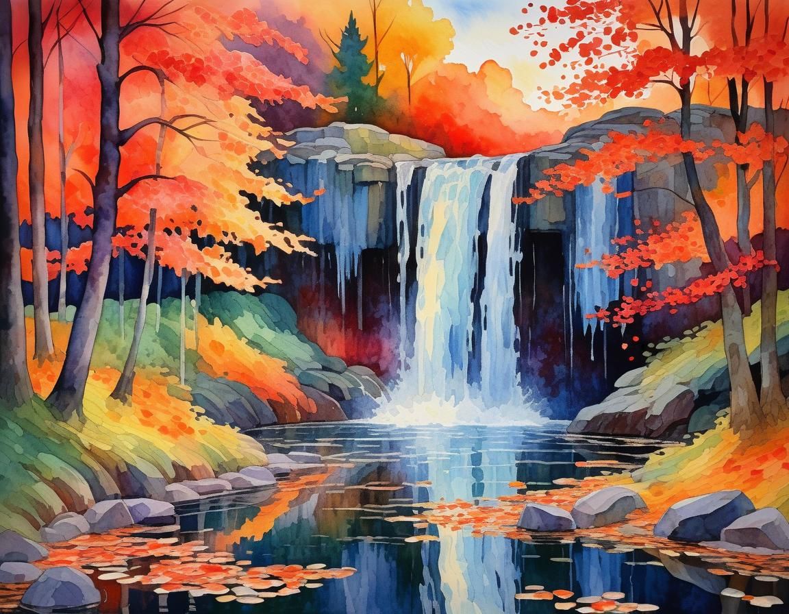 Autumn Forest Waterfall: Neo-Impressionist Watercolor Painti...