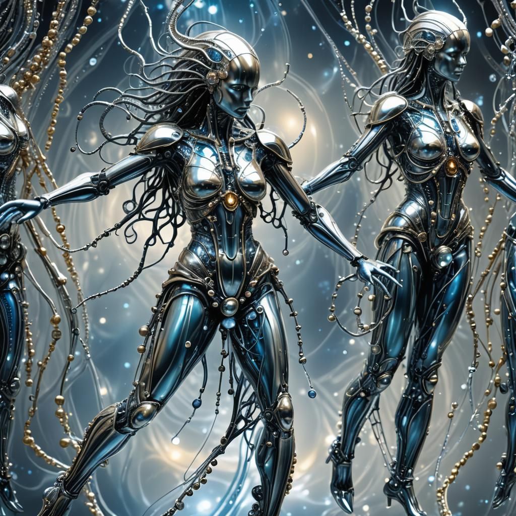 Futuristic Silver Figures in Bioluminescent Light