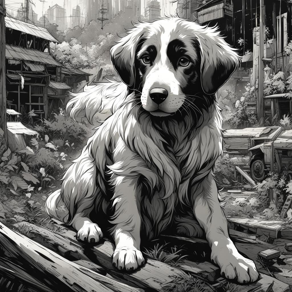 Detailed Ink Puppy Portrait in Black and White