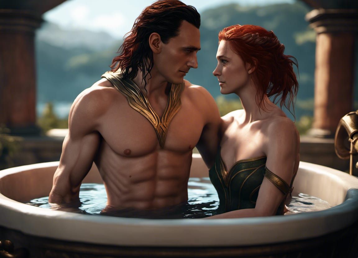 Loki and Sigyn: Romantic Bath in Fantasy Landscape