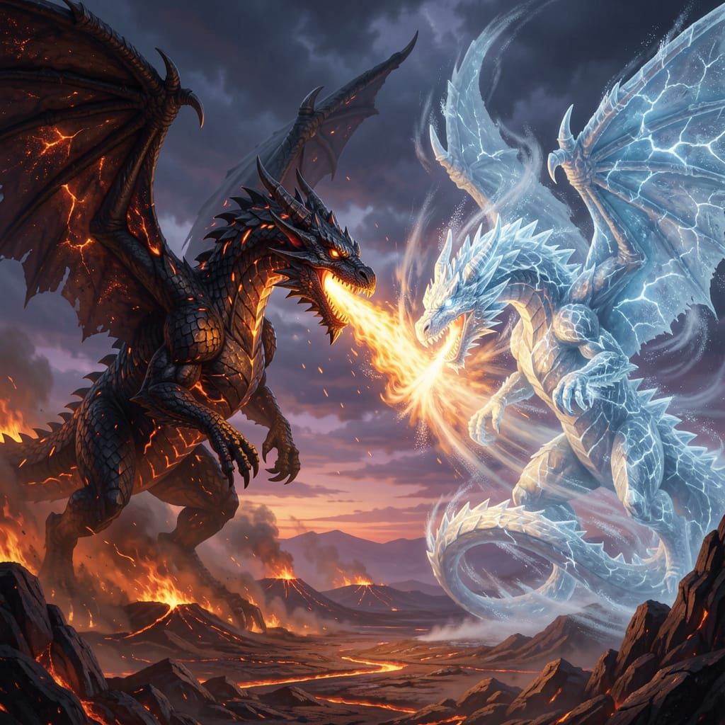 Fire Dragon vs Ice Dragon Epic Battle in Volcanic Landscape