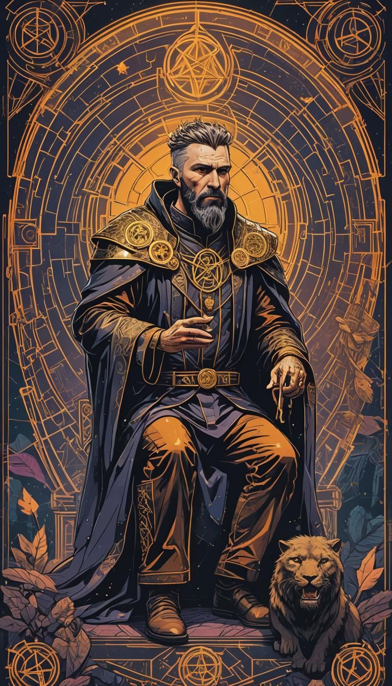 King of Pentacles Tarot Card in Cyberpunk Style