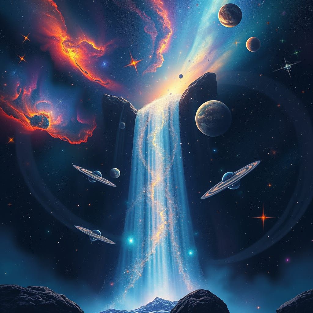 Stardust Waterfall in Space with Nebulae and Galaxies