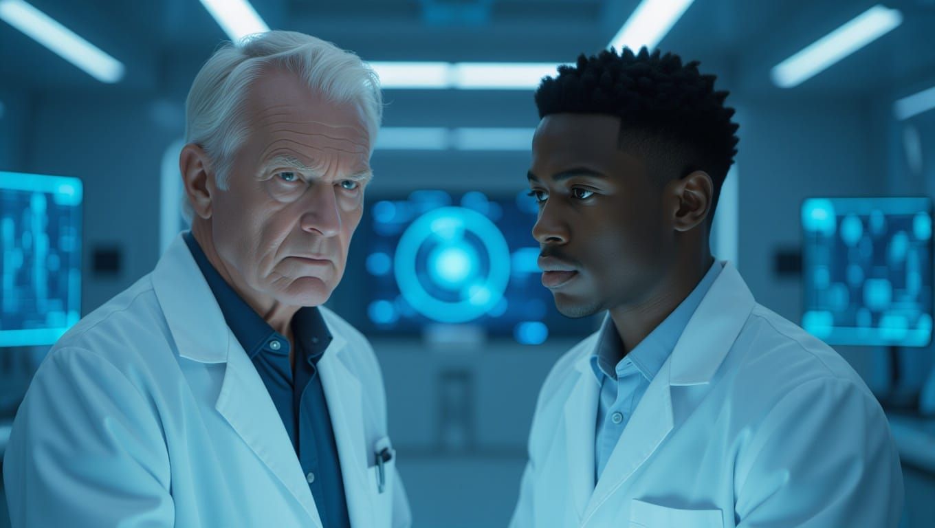 Cinematic Sci-Fi Portrait of Two Visionary Scientists