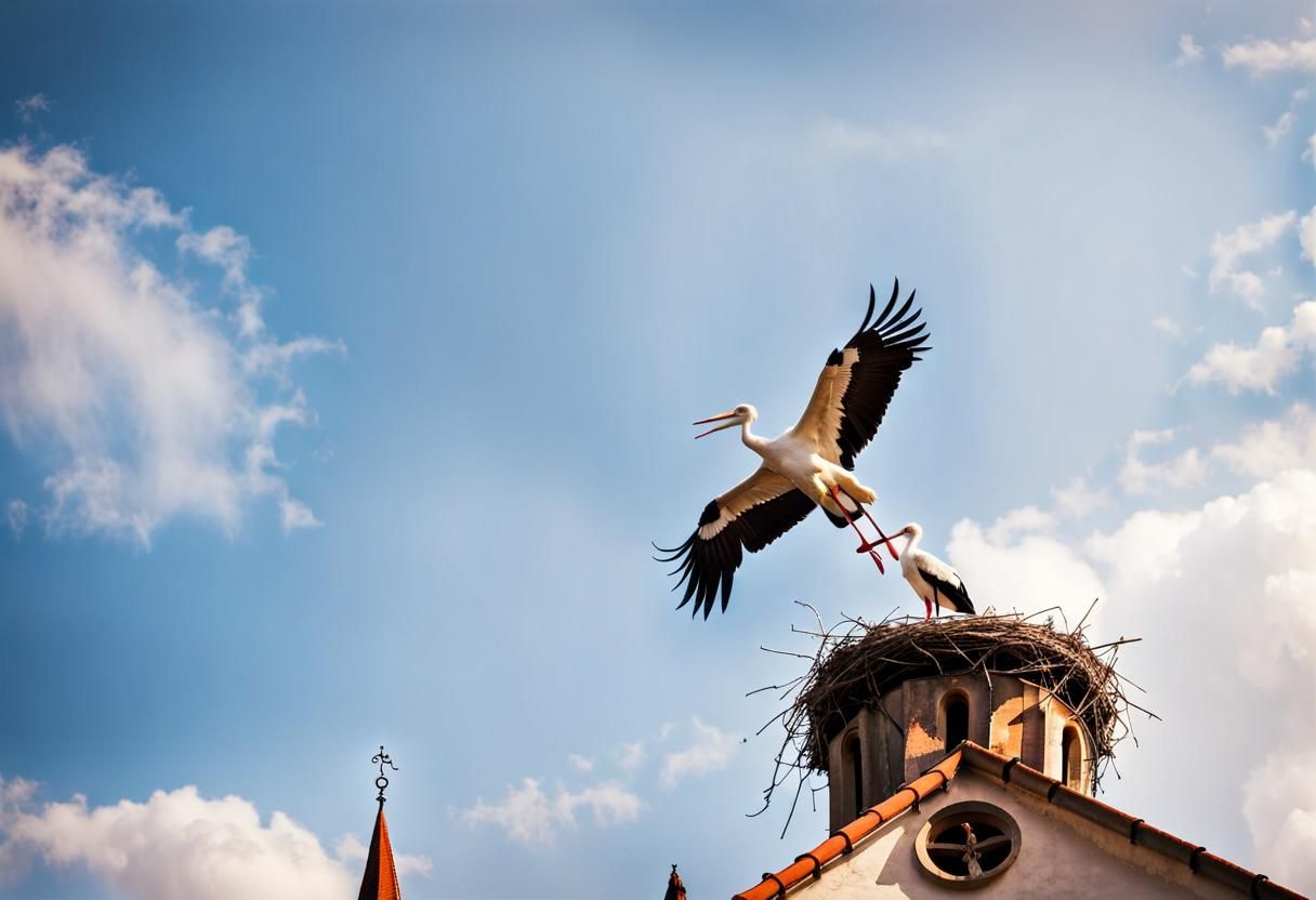 Stork Nest on Gothic Church Roof: Warm Colors