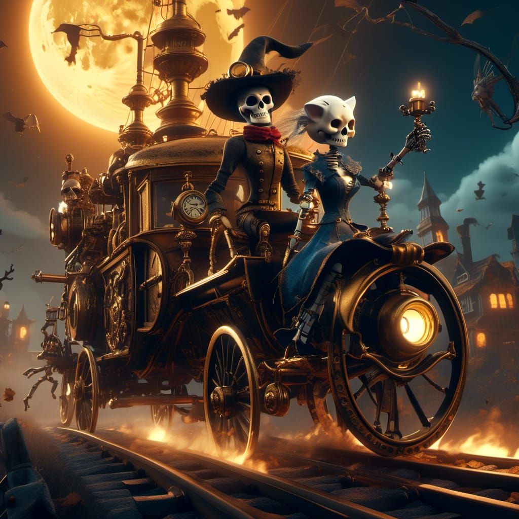 Steampunk Witch and Cat Flying Past Moonlit Engine
