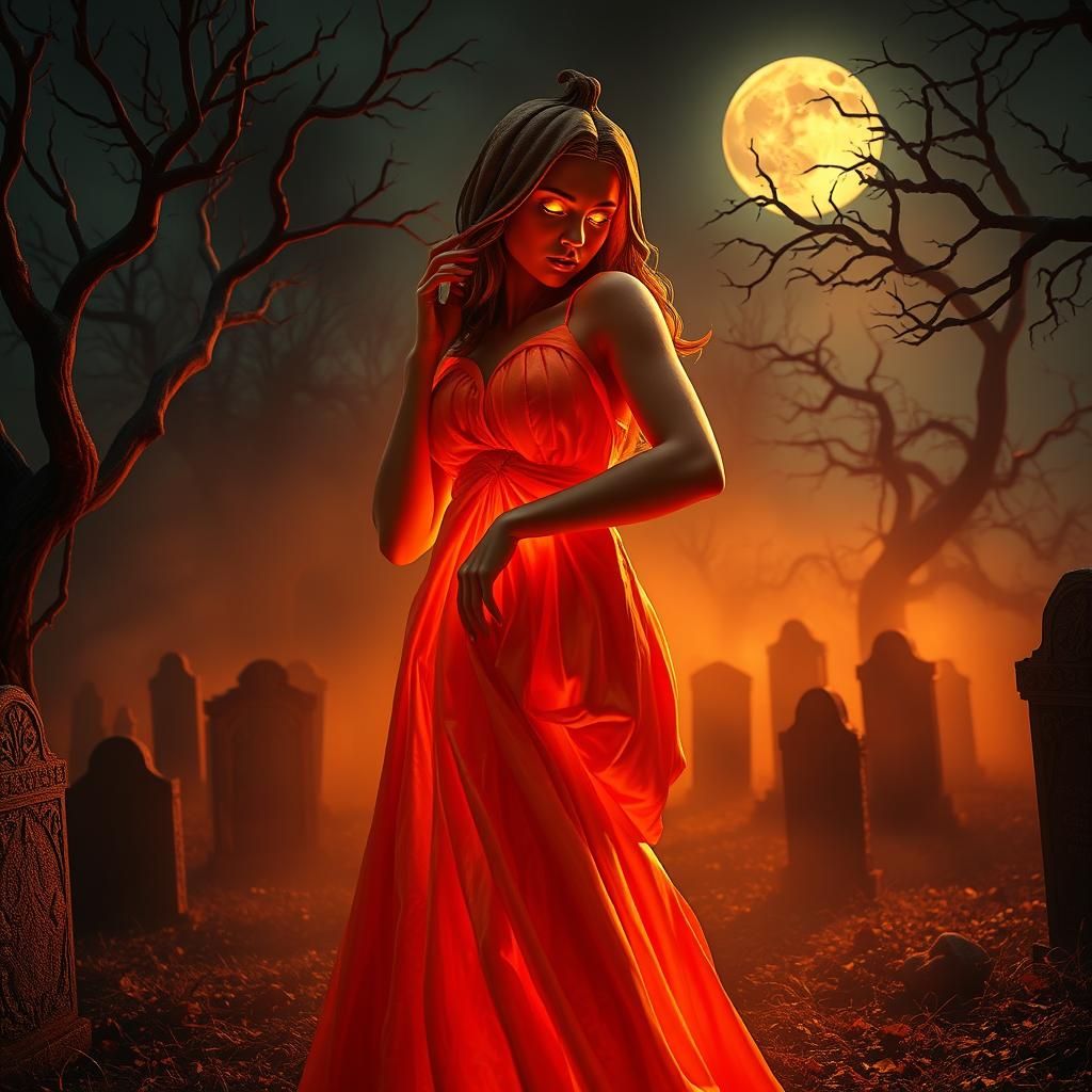 Pumpkin Woman in Cemetery at Night: Hyperrealistic 3D Art