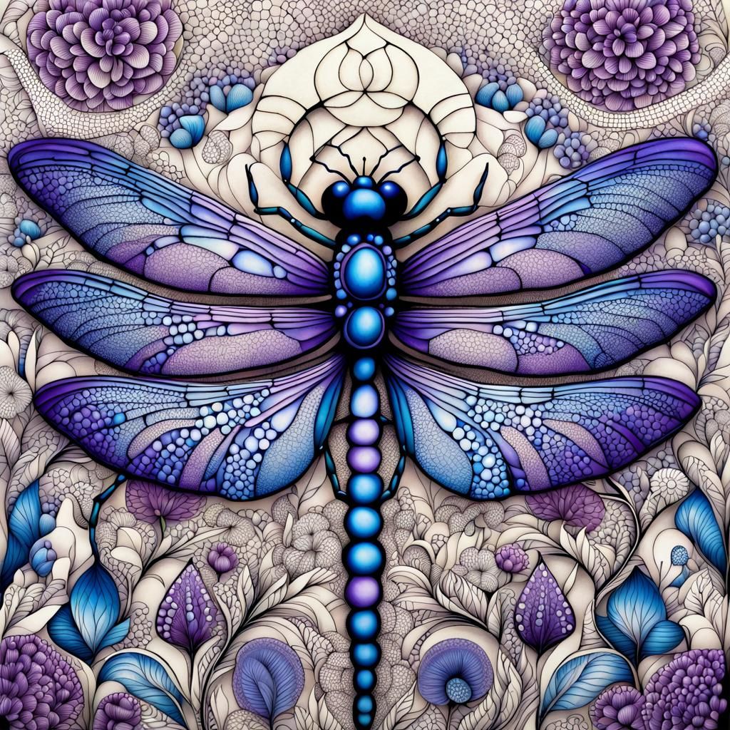 Intricate Zentangle Dragonfly Drawing in Florabunda Style