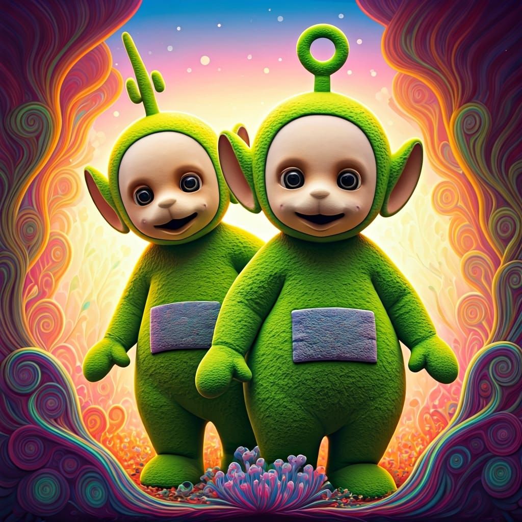 Colorful Green Teletubbies in Surreal Landscape