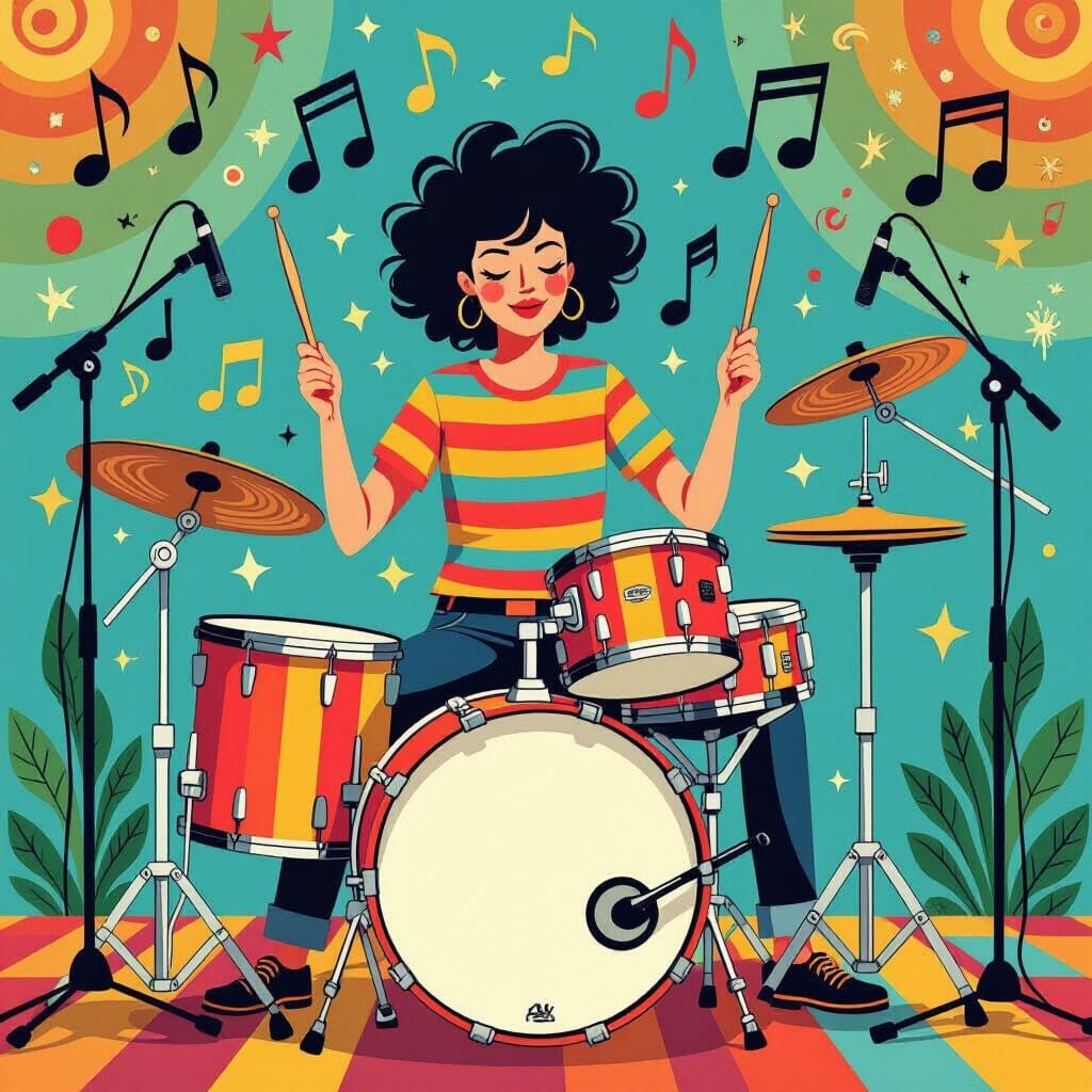 Whimsical Drummer Plays Lively Rhythm in Lowbrow Art Style