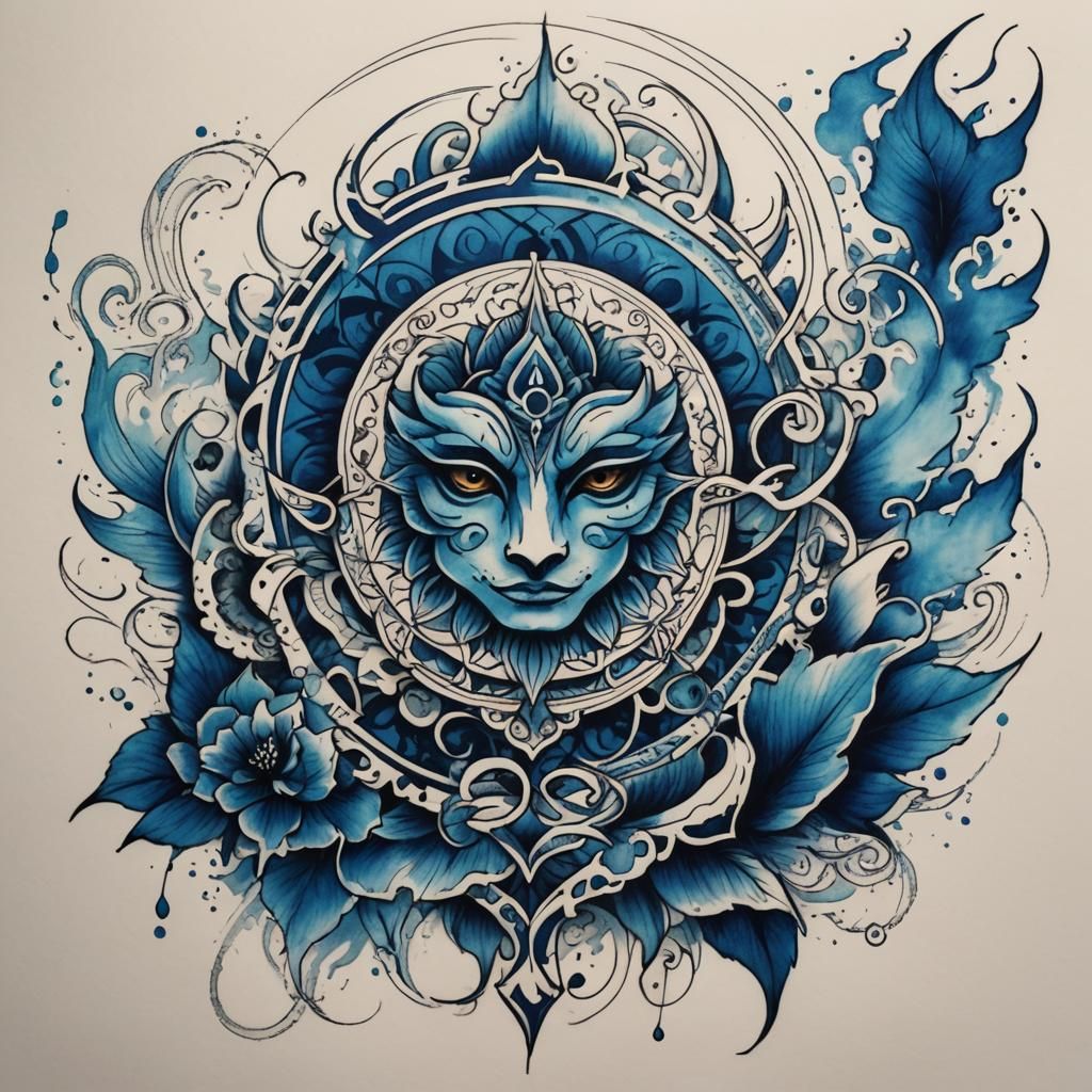 Maori Tattoo Sketch in Blue Ink