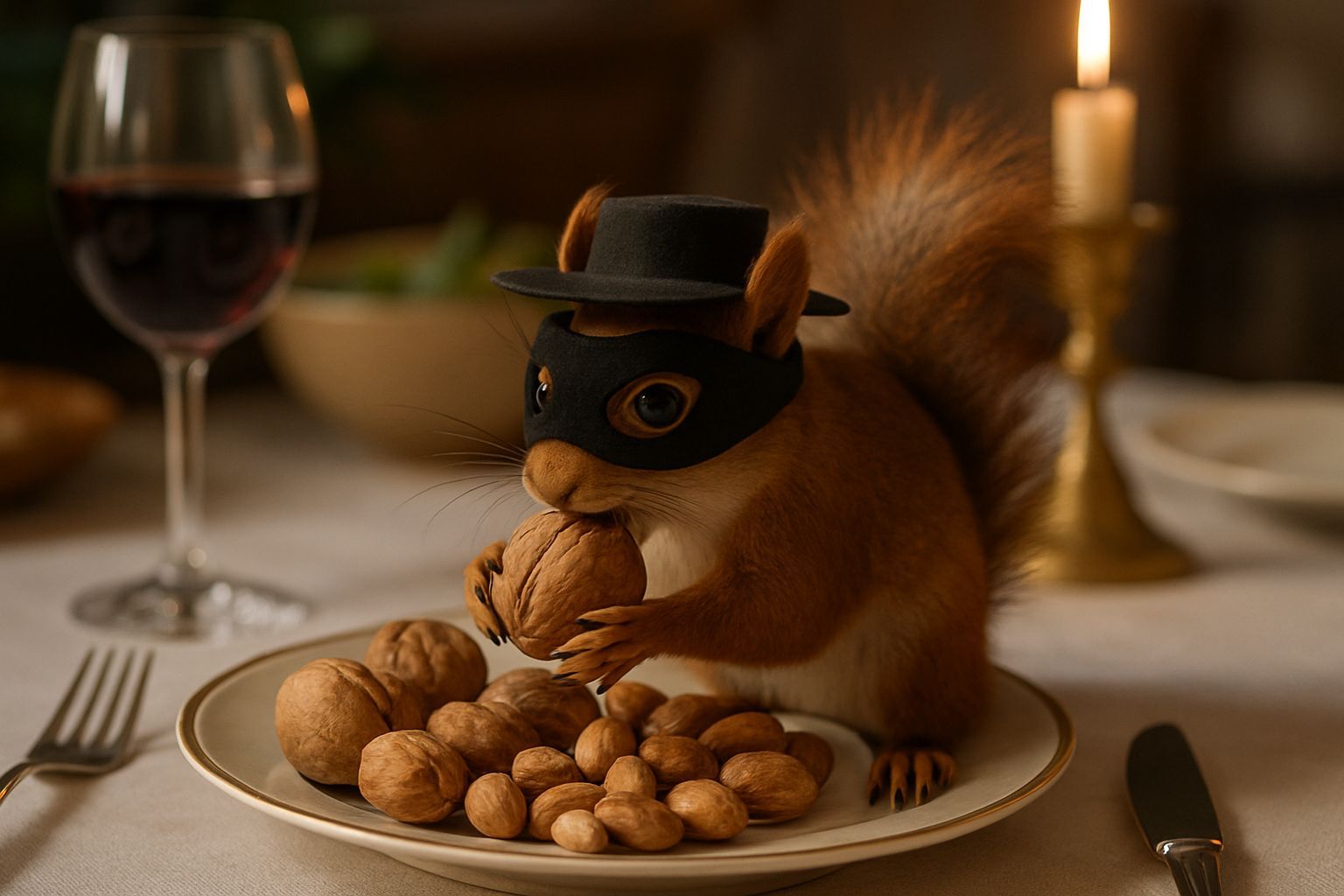 Squirrel Bandit Stealing Nuts in Zorro Mask
