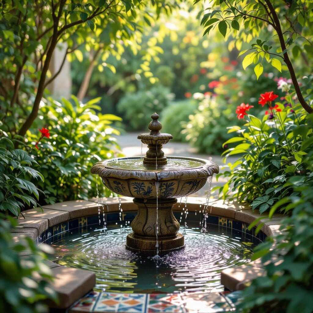 Serene Garden with Ancient Stone Fountain