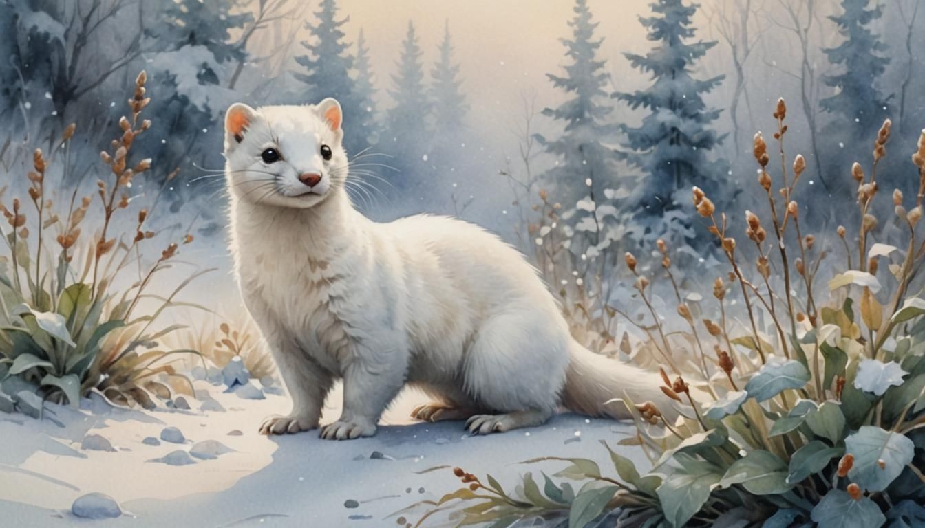 Watercolor Weasel in Snowy, Foggy Landscape
