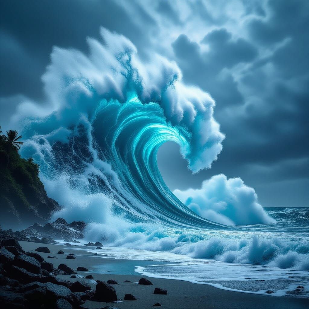 Hyperrealistic Tsunami Wave Crashing on Coastline