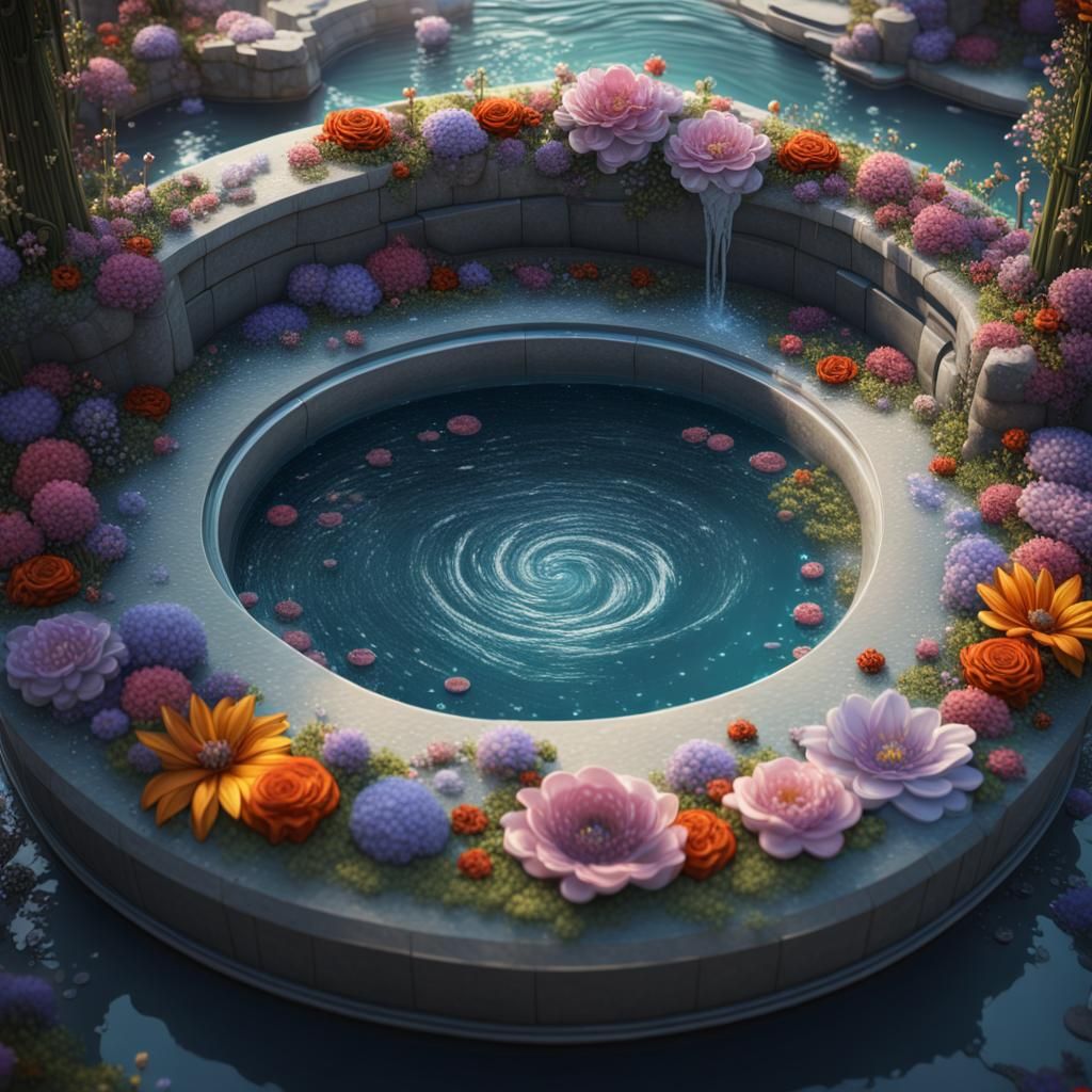detailed fantastical jacuzzi filled with flowers, whirl pool,  detailed matte painting, deep color, fantastical, intrica...