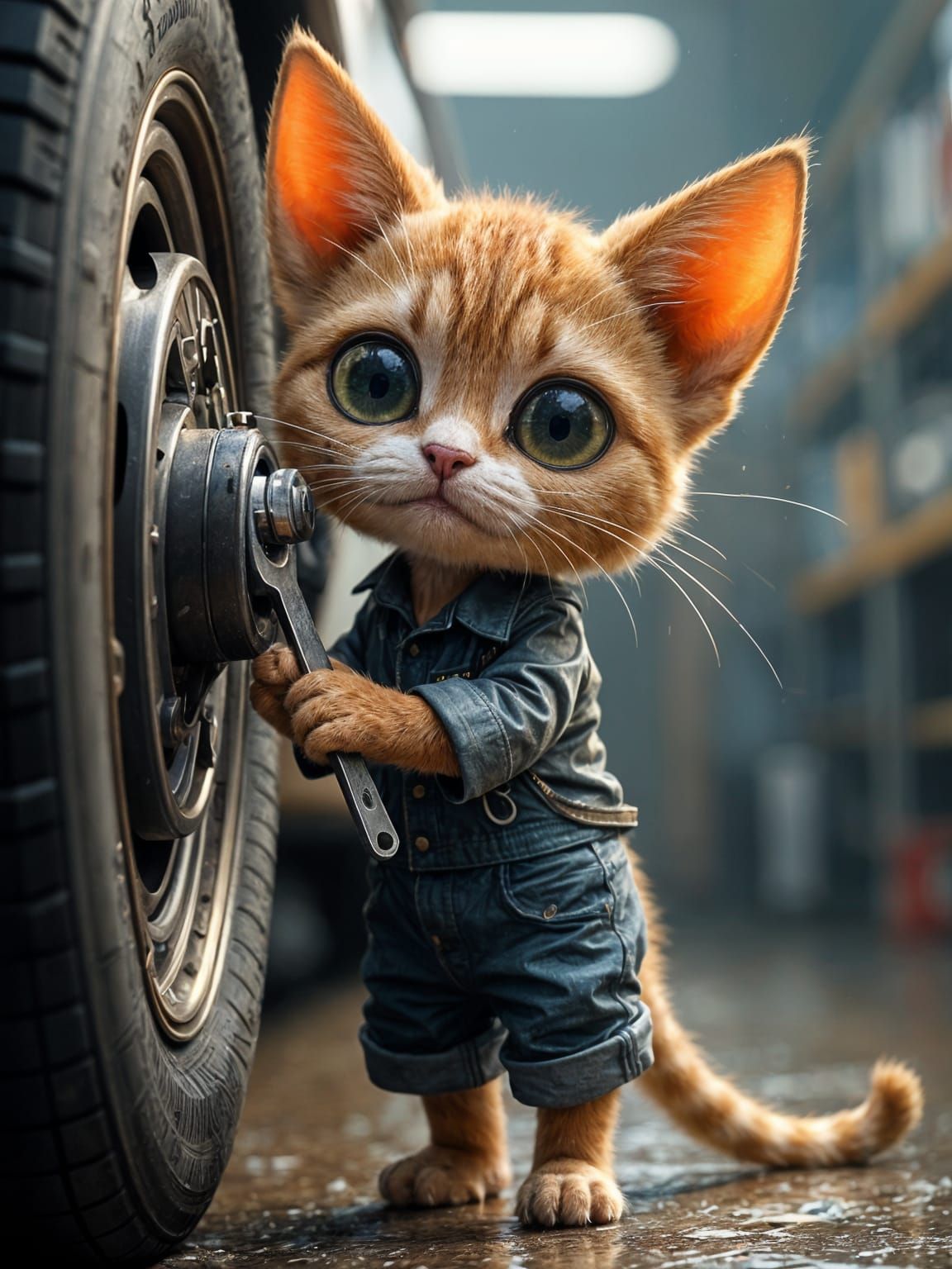 Charming Chibi Cat Mechanic in Workshop: 3D Render