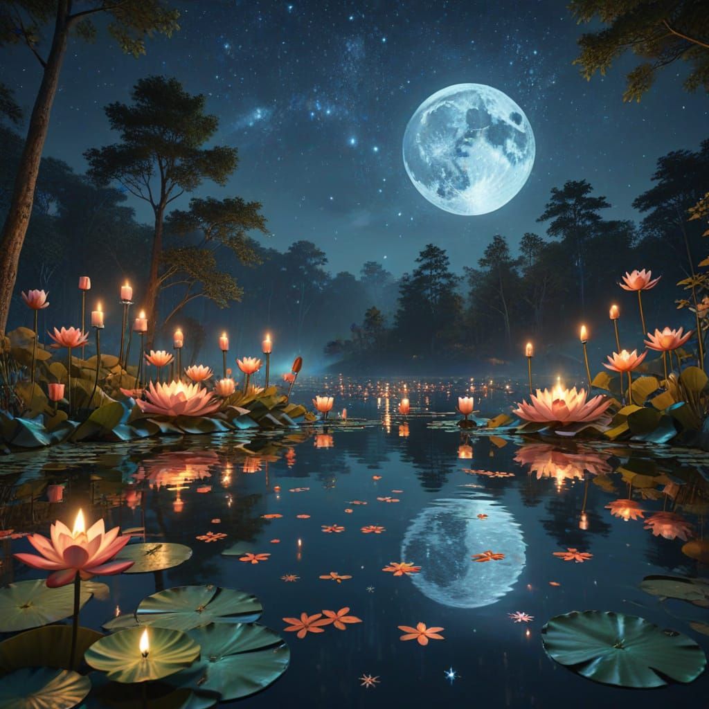 Peaceful Pond Scene with Lotus Flowers and Gentle Lighting