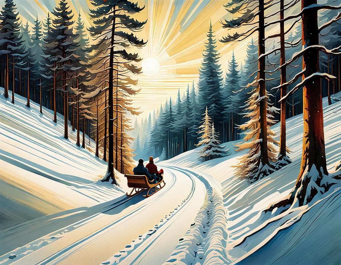 Couple Sleighing Down Forest Path in Aquarell Style