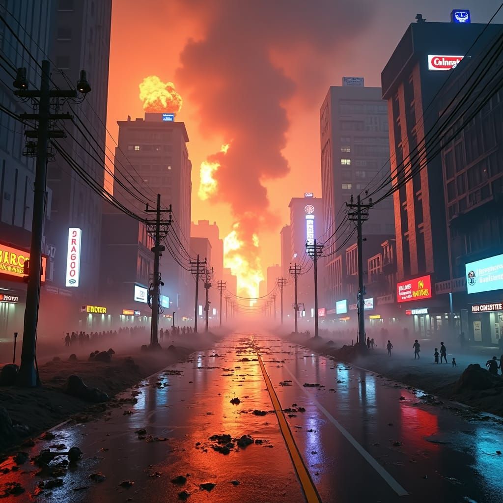 Dystopian Metropolis Engulfed in Flames: Apocalyptic Concept...