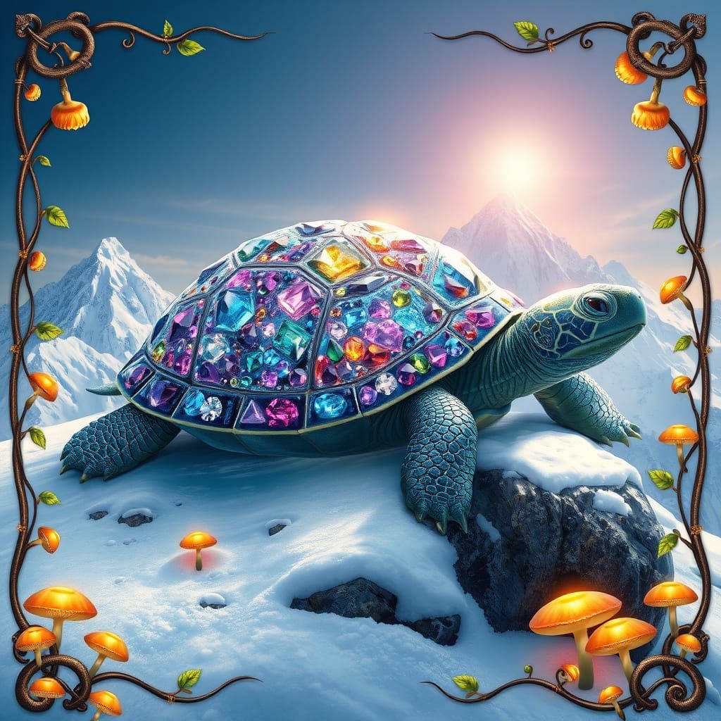 Crystal Gemstone Turtle on Snowy Mountain Peak