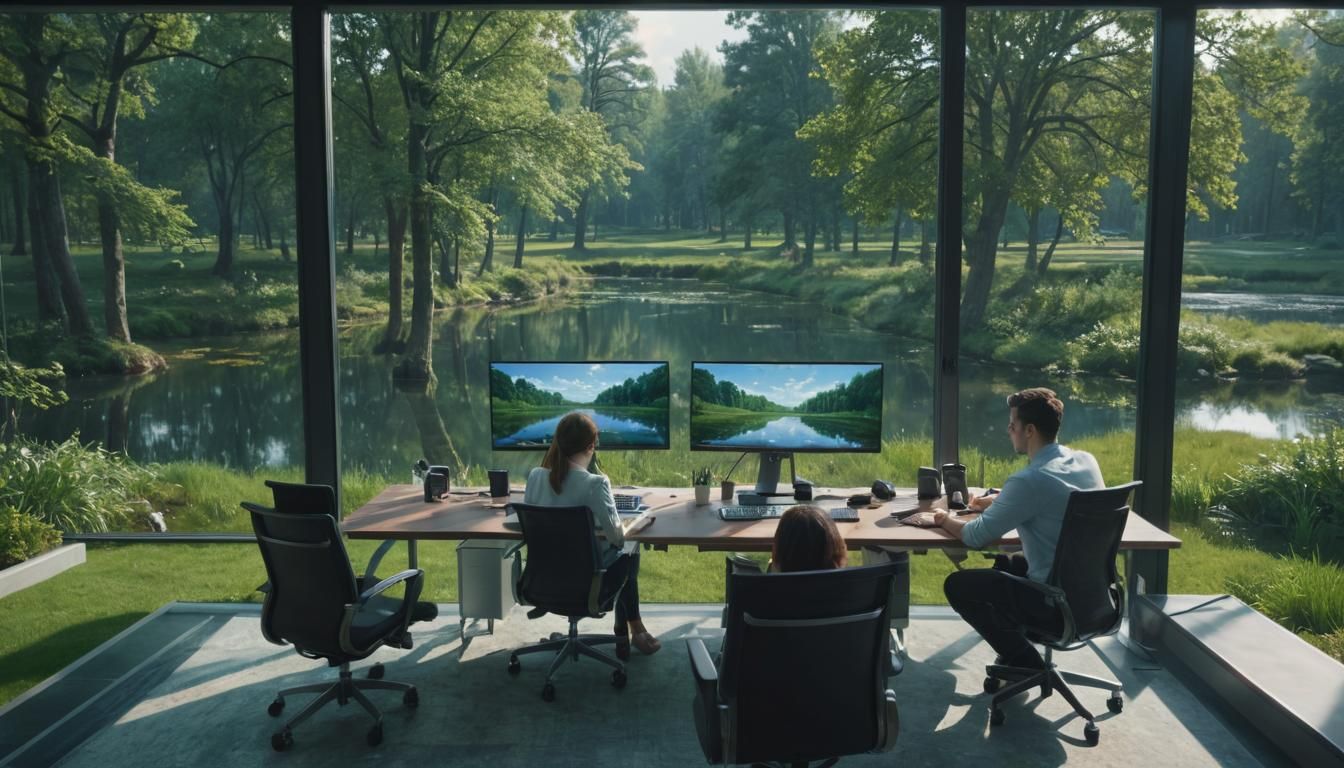 Modern Tech Office with Pond View as Concept Art