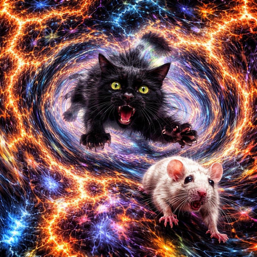 Surreal Cat and Mouse Chase in Stretched Reality