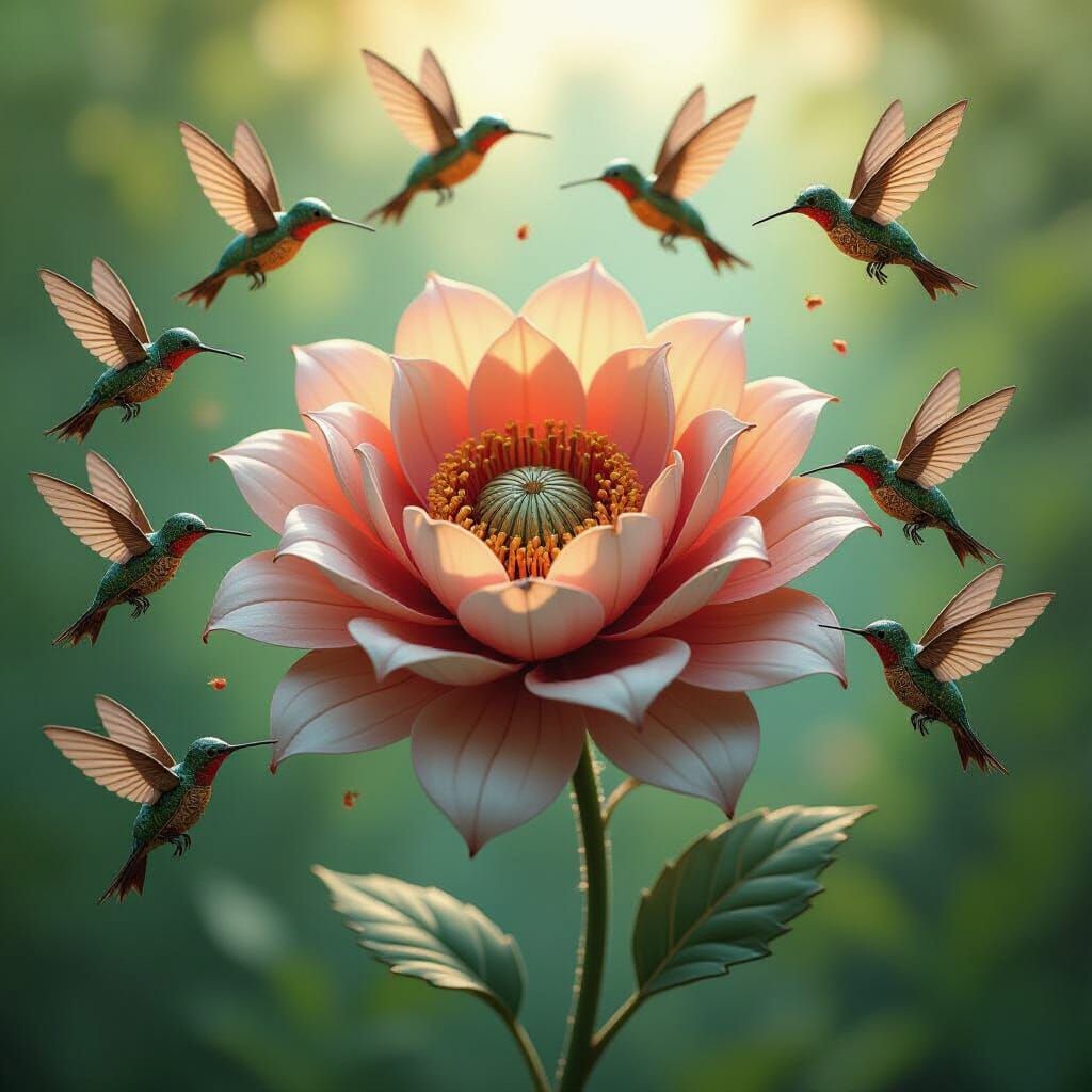 Mechanical Hummingbirds Descend on Parchment Flower