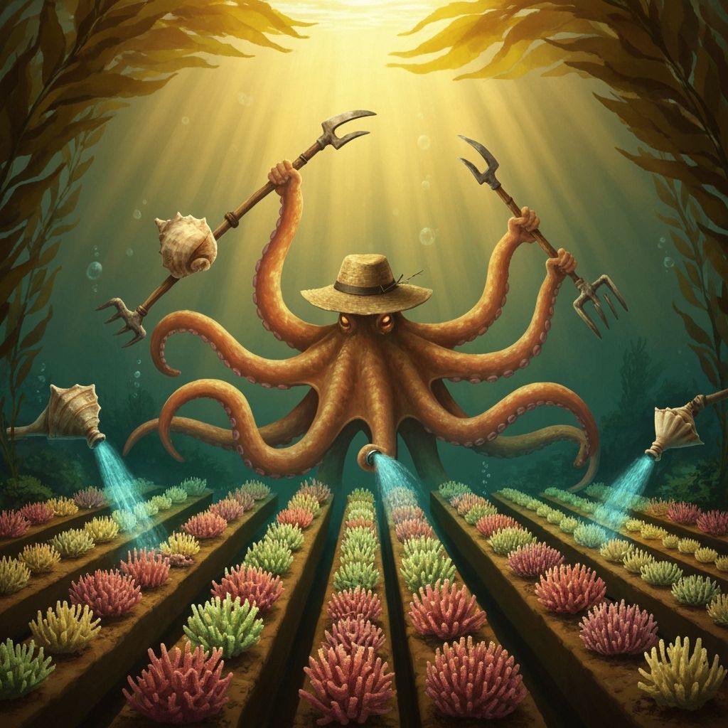 Octopus Gardener in Bioluminescent Coral Garden